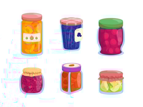 Cartoon Color Different Berries Jams Set. Vector