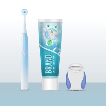 Realistic Detailed 3d Toothpaste, Electric Toothbrush and Dental Floss Set. Vector