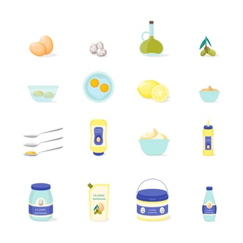 Cartoon Color Mayonnaise Ingredients Icons Set. Vector