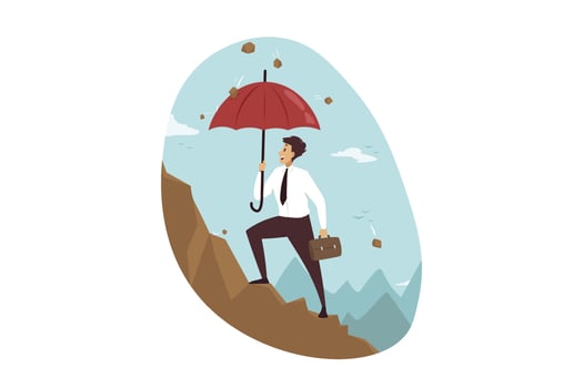 Protection, goal achievement, success, business concept. Businessman boss clerk manager leader character climbing mountaing covering umbrella from rockfall. Persistence aspiration of reaching success. vector