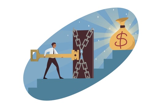 Business, goal achievement, money profit concept. Confident businessman clerk leader manager character unlock closed door wit big key to get dollar currency bag. Career growth and overcoming obstacles vector