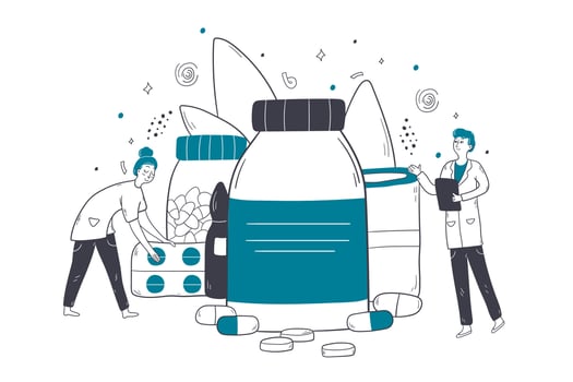 Healthcare, medicine checkout, pharmacy concept. Man woman doctors pharmacists characters stand near medical pills and bottles in drugstore. Hospital clinic staff choosing medicaments illustration. vector