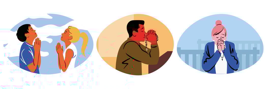Prayer, religion, faith set concept. Collection of religious men women cartoon characters christians praying to god lord begging for luck protection and support. Chrsitianity and Jesus Christ belief. vector