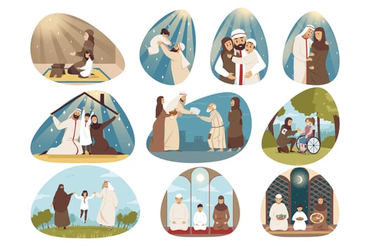 Islam, family, religion set concept. Collection of muslim arab people men women children hugging praying walking together. Fathers and mothers day or islamic traditional Ramadan holiday celebration. vector