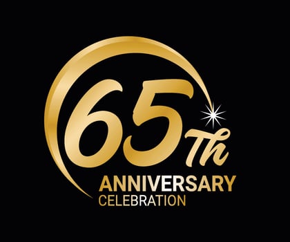 65th Anniversary ordinal number Counting vector art illustration in stunning font on gold color on black background