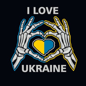 grunge, hand heart gesture skeleton and ukraine flag vector