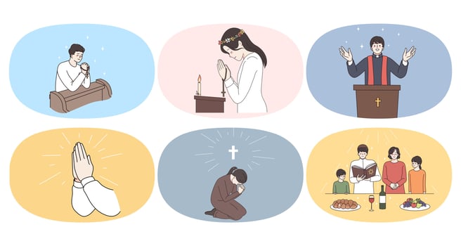 Set of religious people pray to God feel superstitious believe in high powers. Collection of men and women prayers or believers show faith. Religion and superstition concept. Vector illustration.