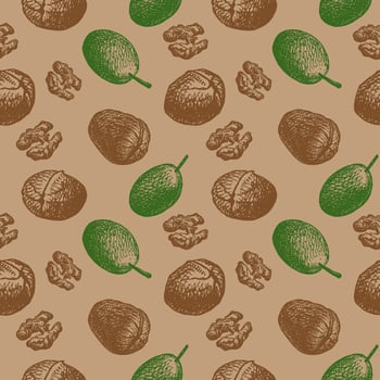 Seamless repeating pattern with walnut kernels and fruits on a beige background. Multicolored background with nuts. Vector