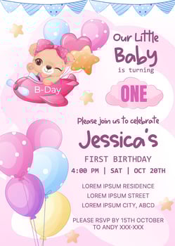 Adorable birthday party invitation template with baby bear vector