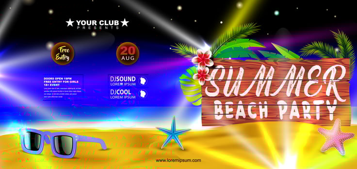 Summer beach party banner flyer design with sunglasses on tropical island at night vector