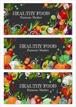 Promotional banners for farmers market. Organic vegetarian food banner. Bright juicy garden vegetables on a chalkboard or dark background. A new crop of tomatoes, bell peppers, cabbage, onions, Pea vector