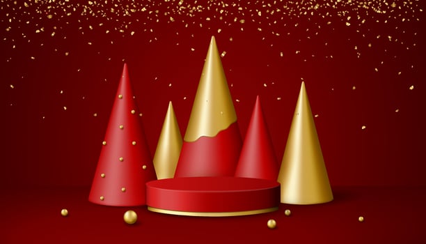 Christmas 3d scene with red and gold podium platform, Christmas trees and confetti. vector