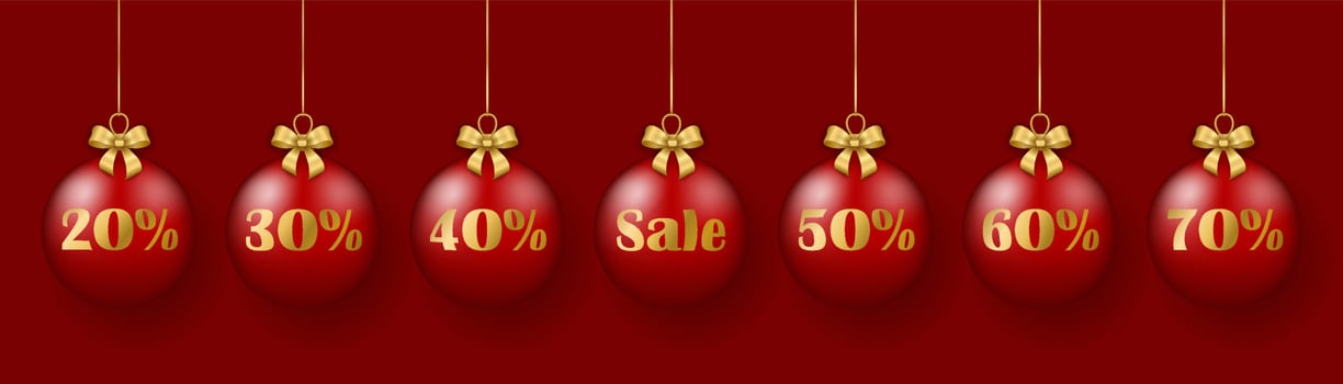 Christmas and New Year sale design elements. Red glass balls with gold sale text. 3d cartoon vector