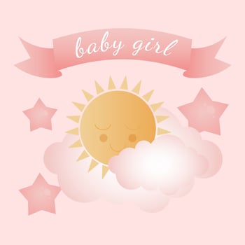Baby shower banner with sun, stars, clouds and text Baby Girl on pink background. It s a girl. vector