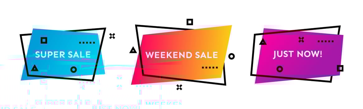 Super Sale, Weekend Sale, Just Now. Set of three colorful geometric trendy banners.  Modern gradient shape with promotion text. Vector illustration.