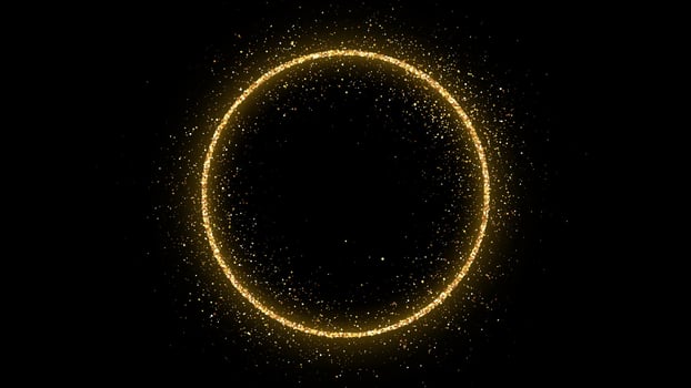 Golden circle frame with glitter, sparkles and flares on dark background. Empty luxury backdrop. Vector illustration.