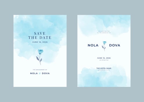 Simple beautiful wedding invitation with blue watercolor vector