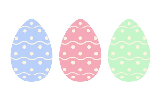 Set of three Easter eggs in trendy blue, pink and green with a simple pattern of wavy lines and dots vector