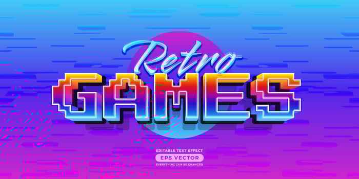 Retro Game Text Effect Style with vibrant theme realistic neon light concept for trendy flyer, social media, poster and banner template promotion vector