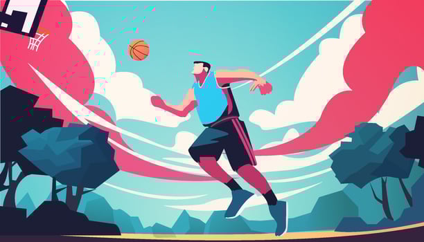 A cartoon of a basketball player lay up ball flat vector illustration