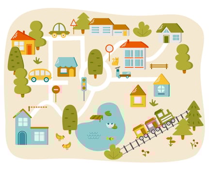 Cute town map for kids room. Landscape with lot details. Play mat for children activity. Vector illustration