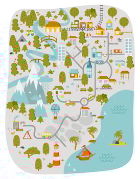 Cute town map for kids room. Landscape with lot details. Play mat for children activity. Vector illustration
