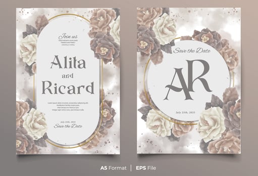 watercolor wedding invitation card template with white and brown flower ornament vector