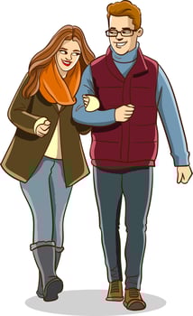 happy cute couple walking arm in arm cartoon vector