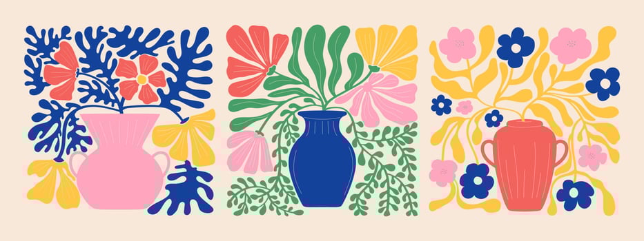 Groovy doodle and abstract organic plant shapes art set. Matisse floral posters in trendy retro 60s 70s style. vector