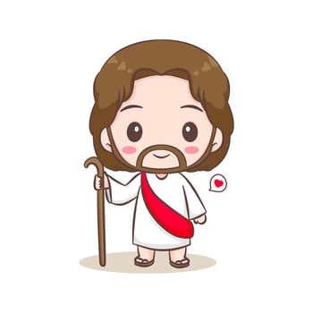 Cute Jesus Christ cartoon character. Hand drawn Chibi character, clip art, sticker, isolated white background. Christian Bible for kids. Mascot logo icon vector art illustration