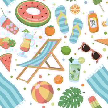 Cartoon summer elements seamless pattern with sling chair, beach towel, drinks, and food. Great for wallpaper, and print. Isolated on white background. vector