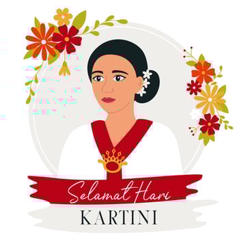 Selamat Hari Kartini Means Happy Kartini Day. Kartini is Indonesian Female Hero. Asian woman surrounded with flowers. Flat Vector Illustration