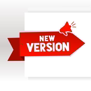 New version banner design. red ribbon with megaphone icon. Flat vector illustration.