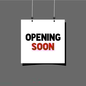 Opening soon hanging poster banner. Opening announcement label design, flat vector illustration.
