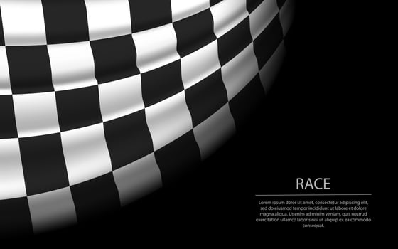 Waving checkered race flag on dark background. Banner or ribbon vector