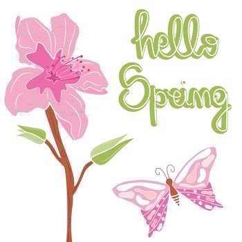 cute hand drawn lettering hello spring text with peach tree pink flowers and butterfly vector illustration card