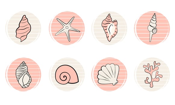 Vector set of logo design templates, icons and badges for social media highlights with cute seashells and coral elements
