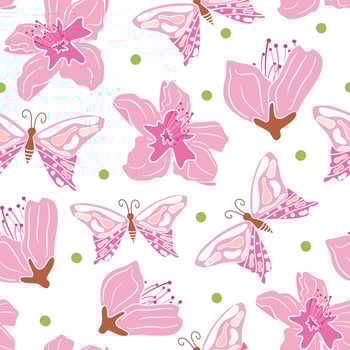Beautiful abstract seamless vector pattern background illustration with cartoon butterflies and peach tree pink flowers