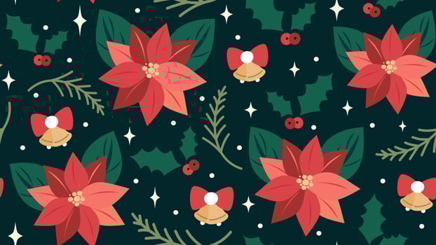 seamless vector pattern background illustration with berries, stars, christmas bells ornament, mistletoe and poinsettia flowers