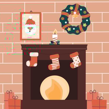Cute cartoon christmas illustration with fireplace, gift boxes and socks vector