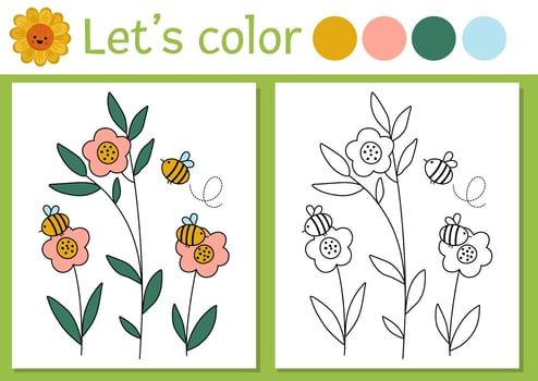 On the farm coloring page for children with bees and flowers. Vector rural country outline illustration with cute honey insects. Color book for kids with colored example. Drawing skills printable