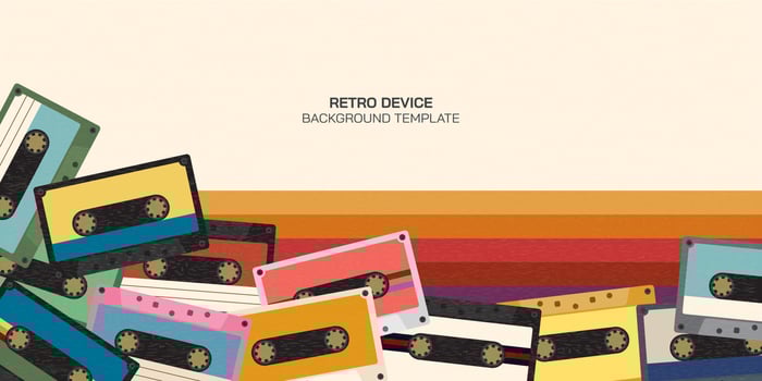 Various plastic audio cassette tapes flat design illustration with colorful strips on cream background have blank space. Retro concept background template. vector