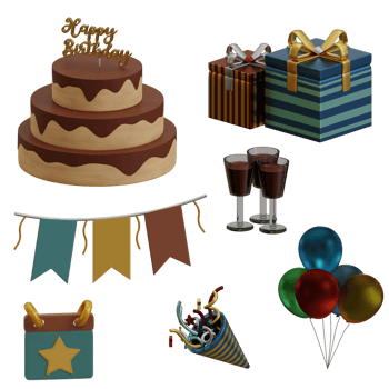 3d rendered birthday icon set includes birthday cake, confetti, baloons, gift, wine and garland perfect for birthday design project png