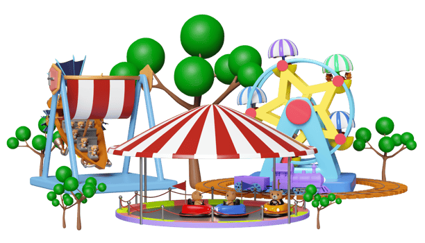 3d amusement park concept with electric bump car, teddy bear viking ship, railroad tracks, ferris wheel, landscape isolated. 3d render illustration png