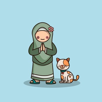 Cute smiling moslem girl celebrating eid mubarak with a cat vector illustration.