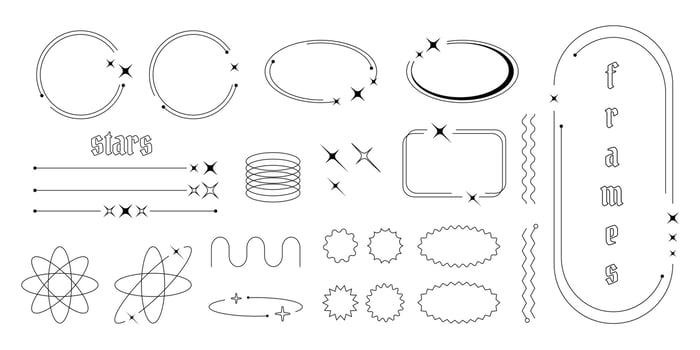 Set of Y2K border line frames with stars, labels, stickers, abstract wavy and circle elements. vector