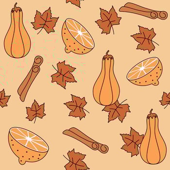 Cute lovely autumn fall seasonal seamless vector pattern background illustration with cinnamon, leaves, orange slice and butternut squash pumpkins