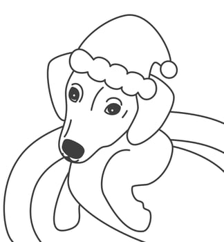 Cute cartoon black and white holidays vector card illustration for coloring art with character baby dog with santa hat