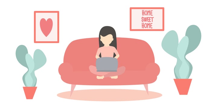 Coronavirus quarantine concept with woman working at home on laptop vector design illustration