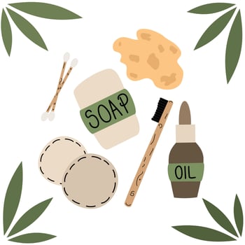 Cute hand drawn vector illustration with zero waste bathroom products for eco friendly lifestyle